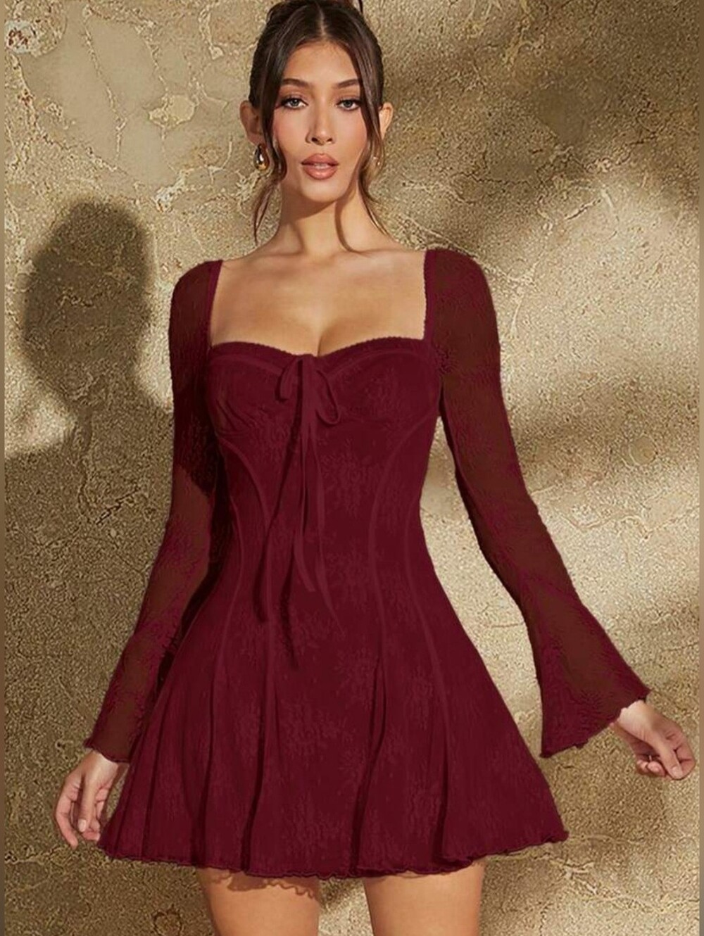 SHEIN Burgundy Square-Neck Long Sleeve Mini Dress Size S